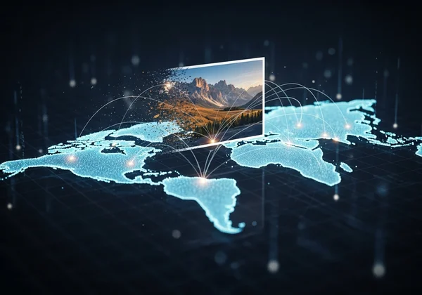 Conceptual art of a photo turning into a world map location.