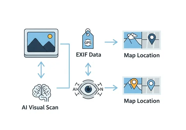 Diagram showing AI photo analysis from image to map result.